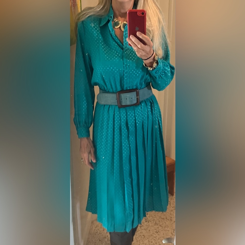 Vintage Schrader Shirt Dress Size 14p Petite Teal  Collared Dress Pleated Skirt.
